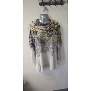 One World Cowl Neck Long Sleeve Tunic Top Womens Medium Gray Print